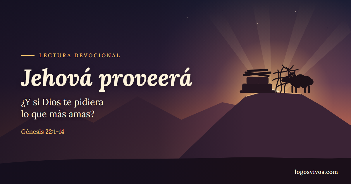 Amanecer sobre el monte Moriah con el altar y el carnero trabado en un zarzal – Génesis 22, Jehová proveerá